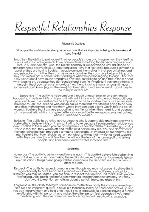 <p>Written response: Respectful relationships</p>